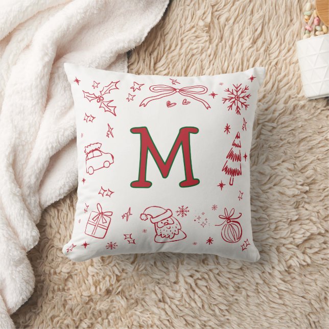 Whimsical HandDrawn style Monogram Initial Festive Throw Pillow (Blanket)