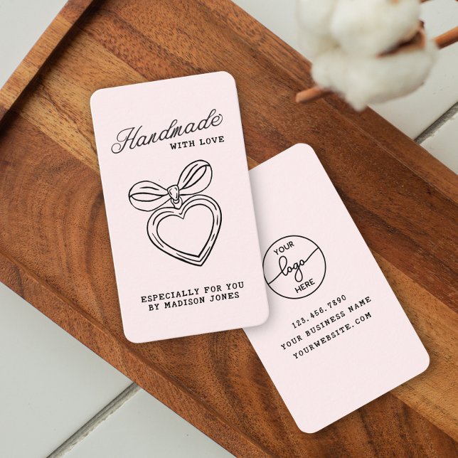 Whimsical Handmade with Love Script Heart Bow Business Card (Creator Uploaded)
