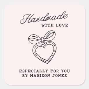 Whimsical Handmade with Love Script Heart Bow Square Sticker