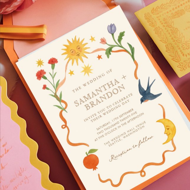 Whimsical handpainted Celestial Folk Wedding  Invitation (Creator Uploaded)