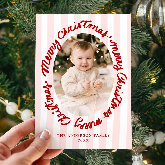 Whimsical Handwritten Merry Christmas Pink 2 Photo Holiday Card (Creator Uploaded)