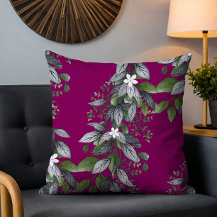 Whimsical Hanging Flowers And Leaves Dark Fuchsia Throw Pillow