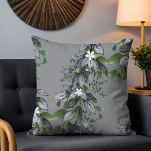 Whimsical Hanging Flowers and Leaves Grey Throw Pillow