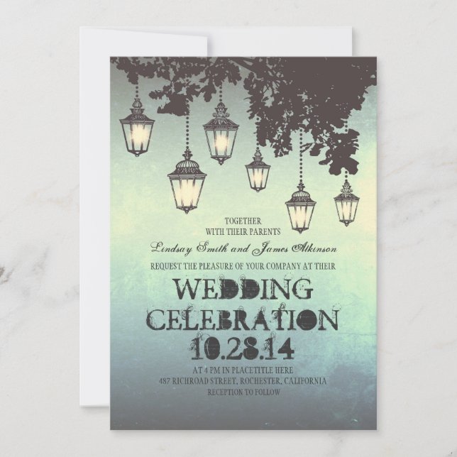 Whimsical hanging lamp lights wedding invitations (Front)