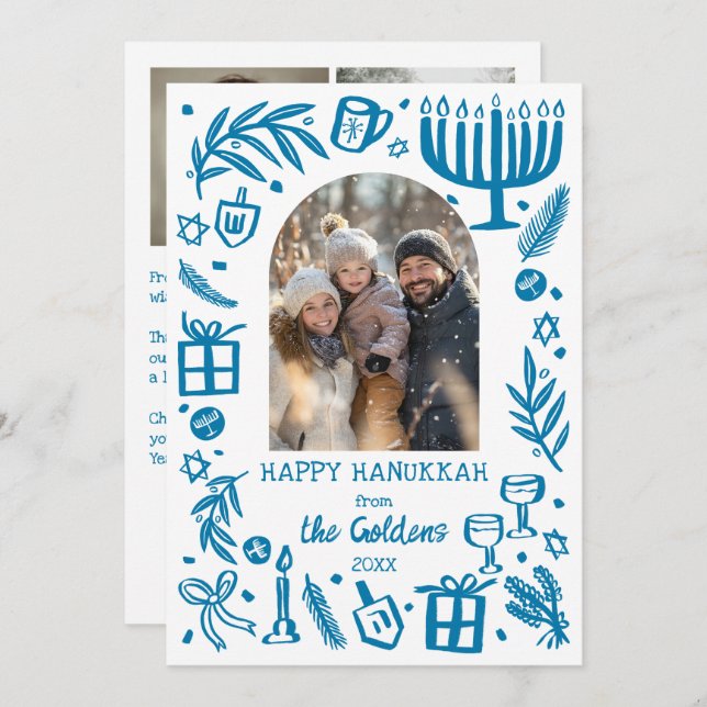 Whimsical Hanukkah Cute Custom Arch 3 PHOTO  Holiday Card (Front/Back)