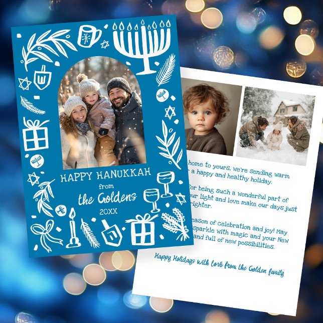Whimsical Hanukkah Cute Custom Arch 3 PHOTO  Holiday Card (Whimsical Hanukkah Cute Doodle Hand-Drawn Menorah Custom Arch 3 PHOTO Holiday Card
)