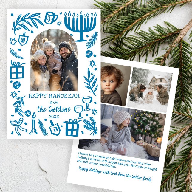 Whimsical Hanukkah Cute Custom Arch 4 PHOTO  Holiday Card (Whimsical Hanukkah Cute Doodle Hand-Drawn Custom Arch 4 PHOTO Holiday Card
)