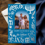 Whimsical HANUKKAH Cute Custom Photo SILVER  Foil Holiday Card<br><div class="desc">Perfect cute card for a fun holiday greeting! Hand made art for you! FULLY CUSTOMIZABLE! Click on “Personalize” above to edit the text and add your own photo. Click "edit using design tool" to adjust the fonts, colours and placements. Design is silver foil on blue, but check my shop for...</div>