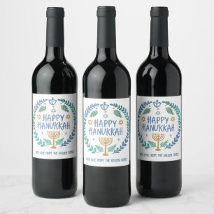 Whimsical Hanukkah Holiday Menorah Dreidel Custom Wine Label