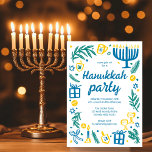 Whimsical Hanukkah Holiday Party Cute Custom Invitation<br><div class="desc">Perfect cute card for a fun holiday party invitation! Hand made art for you! Perfect for a winter, hanukkah, holiday party or other event. FULLY CUSTOMIZABLE! Click on “Personalize” above to edit the text. Click "edit using design tool" to adjust the fonts, colours and placements. (check my shop for alternate...</div>