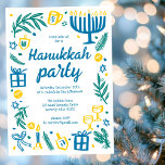 Whimsical Hanukkah Holiday Party Cute Custom Invitation<br><div class="desc">Perfect cute card for a fun holiday party invitation! Hand made art for you! Perfect for a winter, hanukkah, holiday party or other event. FULLY CUSTOMIZABLE! Click on “Personalize” above to edit the text. Click "edit using design tool" to adjust the fonts, colours and placements. (check my shop for alternate...</div>