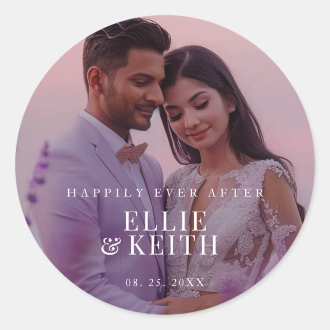 Whimsical Happily Ever After Photo Wedding Classic Round Sticker (Front)