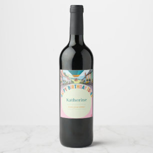 Whimsical Happy Birthday Greeting with Air Balloon Wine Label
