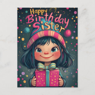 Whimsical Happy Birthday Sister Illustration  Postcard
