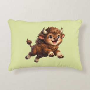 Whimsical Happy Bison Illustration for Nature Accent Pillow