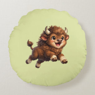 Whimsical Happy Bison Illustration for Nature Round Pillow