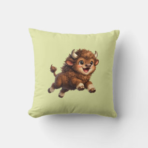 Whimsical Happy Bison Illustration for Nature Throw Pillow