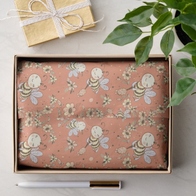 Whimsical Happy Bumblebee and Flowers Tissue Paper (Gift)