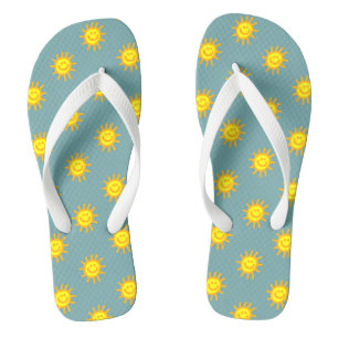 Whimsical Happy Face Sun Aqua Blue Green Flip Flops