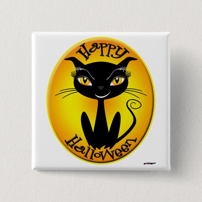 Whimsical Happy Halloween Cat 2 Inch Square Button (Front)