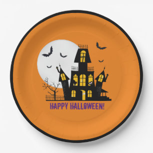 Whimsical Happy Halloween Spooky Haunted House Paper Plate