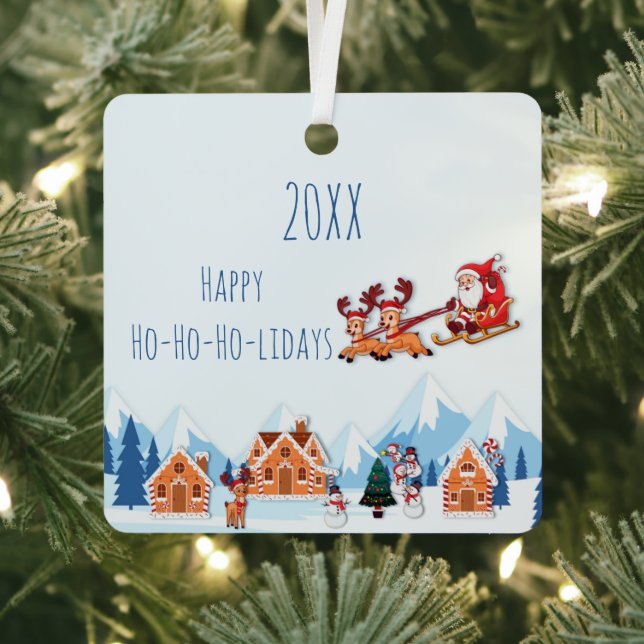 Whimsical Happy Holidays Santa Winter Christmas Metal Ornament (Insitu)
