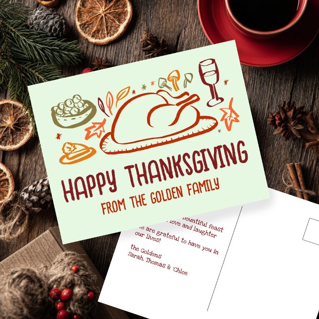 Whimsical Happy Thanksgiving Friendsgiving Custom Postcard (Whimsical Happy Thanksgiving Friendsgiving Doodle Sketch Hand-drawn Custom Postcard
)