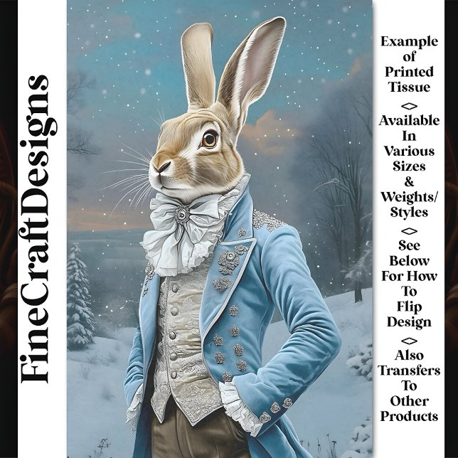 Whimsical Hare Dressed in Blue, Snow CE8 Decoupage Tissue Paper (Creator Uploaded)