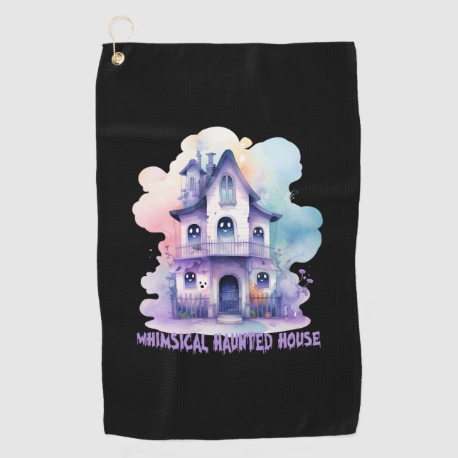 Whimsical Haunted House – Pastel Purple Halloween Golf Towel (Front)