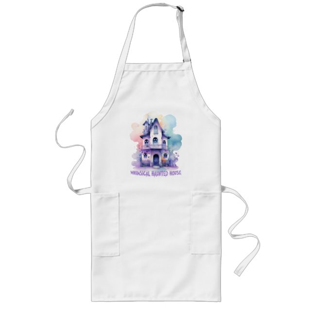 Whimsical Haunted House – Pastel Purple Halloween Long Apron (Front)