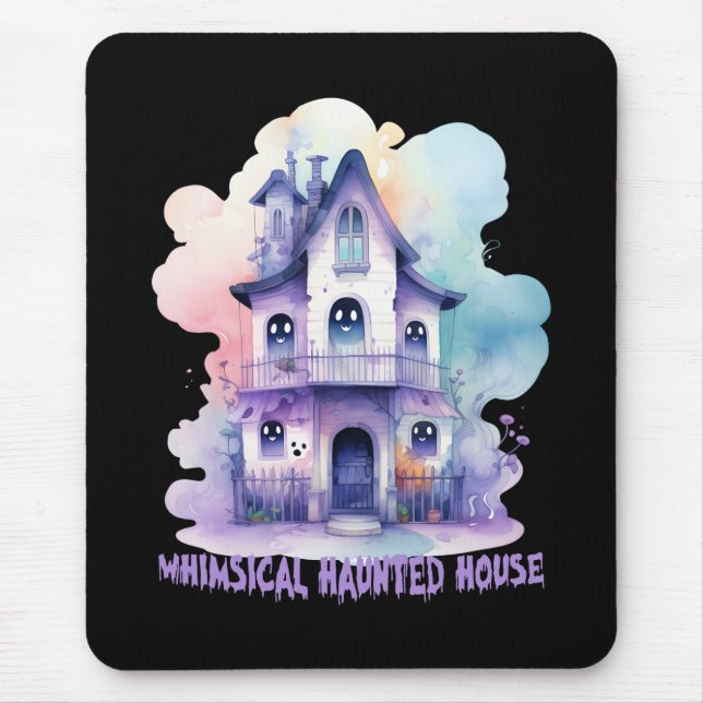 Whimsical Haunted House – Pastel Purple Halloween Mouse Pad (Front)