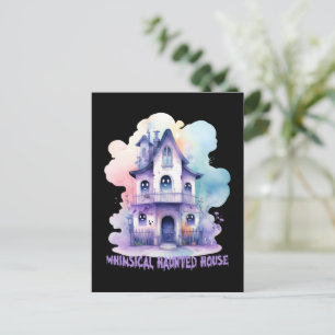 Whimsical Haunted House – Pastel Purple Halloween Postcard