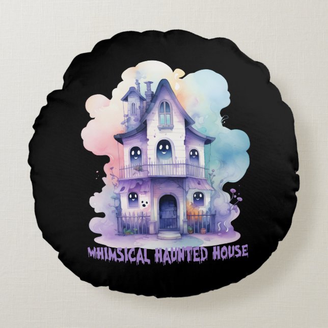 Whimsical Haunted House – Pastel Purple Halloween Round Pillow (Front)