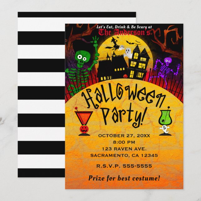 Whimsical Haunted House Skeleton Halloween Party Invitation (Front/Back)