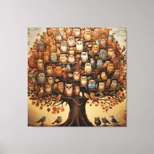 Whimsical Haven: The Owl-Adorned Arboretum Canvas Print (Front)