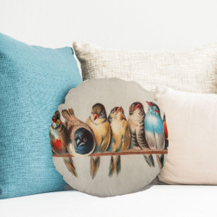 Whimsical Haven: The Vintage Bird Perch P - A Deli Round Pillow