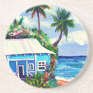 Whimsical Hawaiian Beach Cottage Coaster