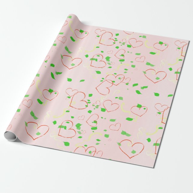 Whimsical heart and leaf design wrapping paper (Unrolled)