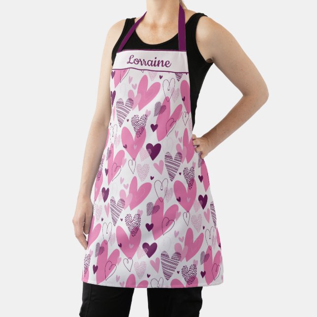 Whimsical Heart Design in Pink and Plum Tones Apron (Insitu)