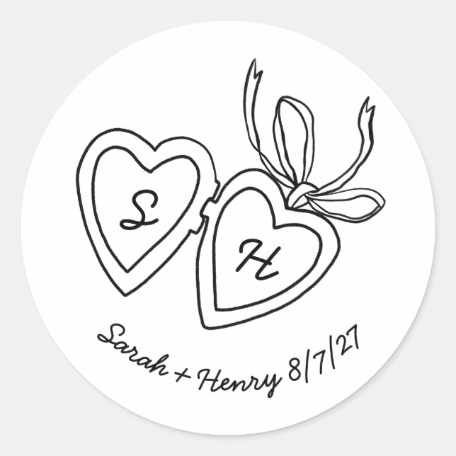 Whimsical Heart Locket Doodle Sketch Modern CUSTOM Classic Round Sticker (Front)