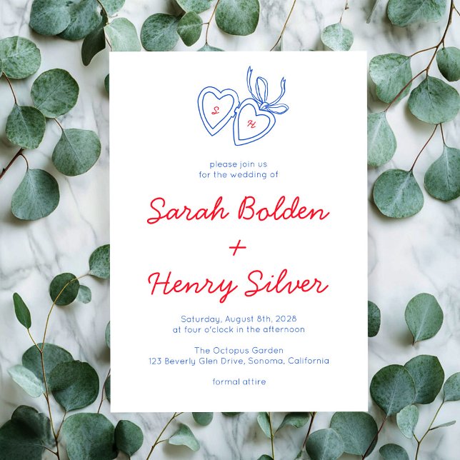 Whimsical Heart Locket Doodle Sketch Modern CUSTOM Invitation (Whimsical Heart Locket Doodle Sketch Modern CUSTOM Invitation red blue white)