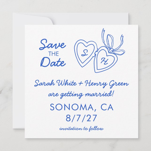 Whimsical Heart Locket Doodle Sketch Modern CUSTOM Save The Date (Back)