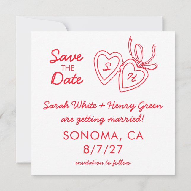 Whimsical Heart Locket Doodle Sketch Modern CUSTOM Save The Date (Back)