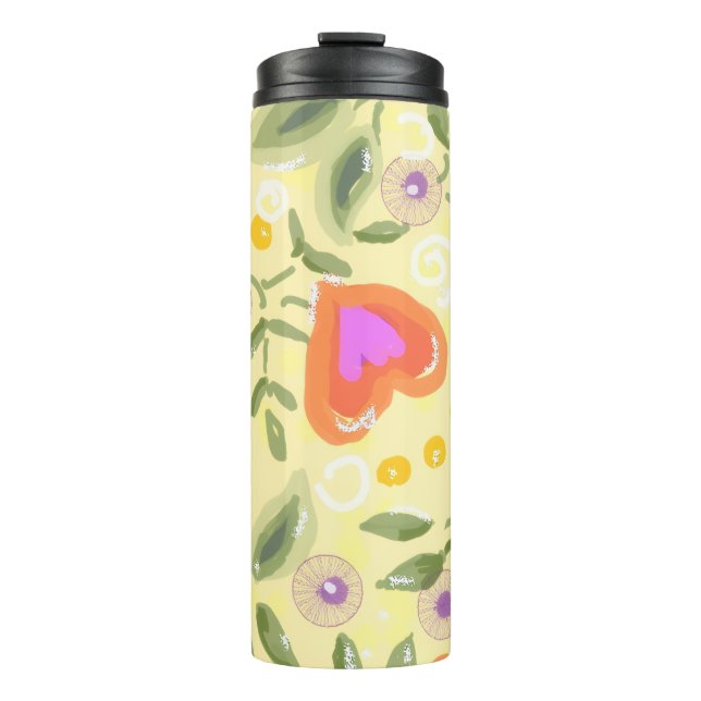 Whimsical hearts and berries yellow, pink thermal tumbler (Front)