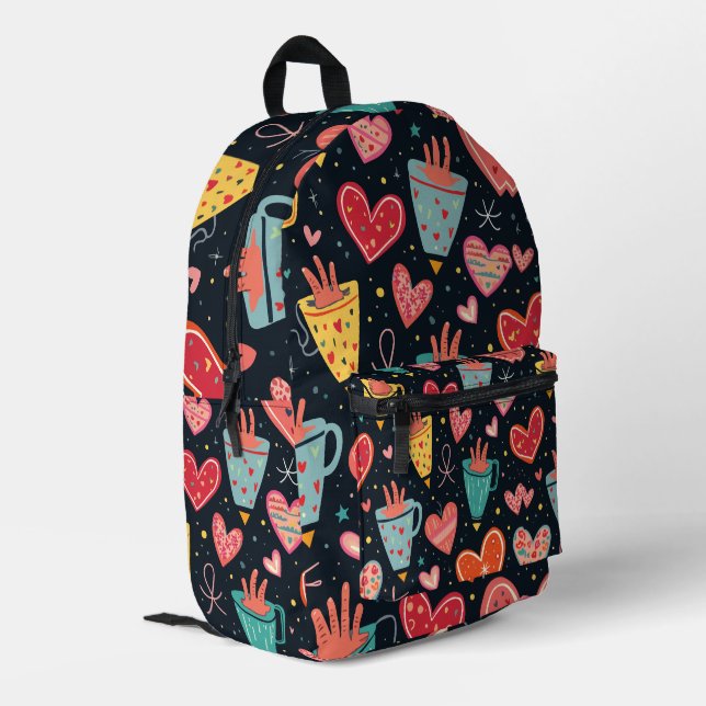 Whimsical Hearts and Coffee Cups Pattern Printed Backpack (Back Corner Left)