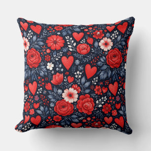 Whimsical Hearts and Flowers Throw Pillow