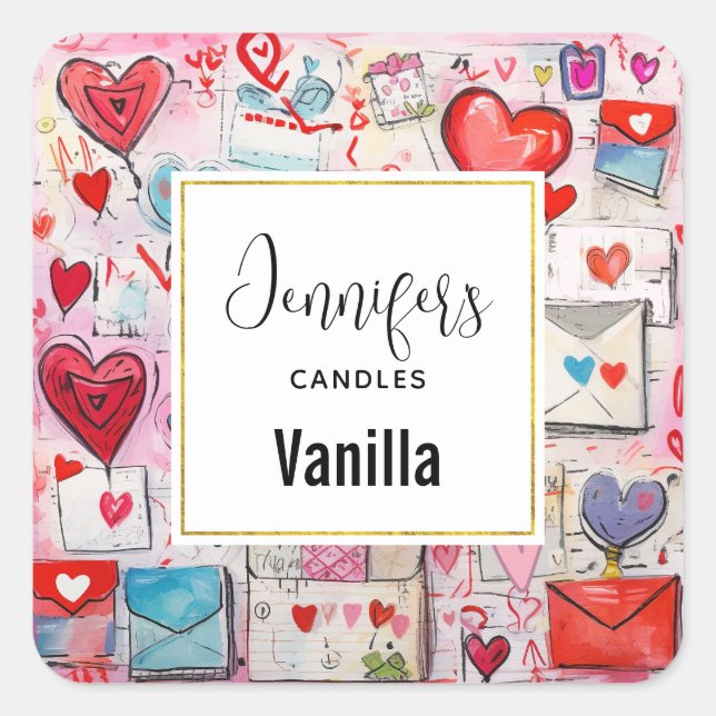 Whimsical Hearts and Love Letters Candle Business Square Sticker (Front)