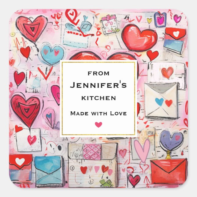 Whimsical Hearts and Love Letters Kitchen Square Sticker (Front)