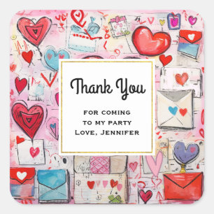 Whimsical Hearts and Love Letters Party Thank You Square Sticker