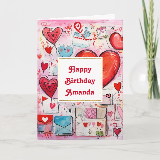 Whimsical Hearts and Love Letters Pattern Birthday Card (Front)